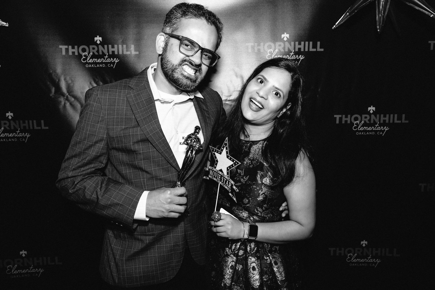 A black and white photo series showing people laughing and interacting at a formal social gathering.
