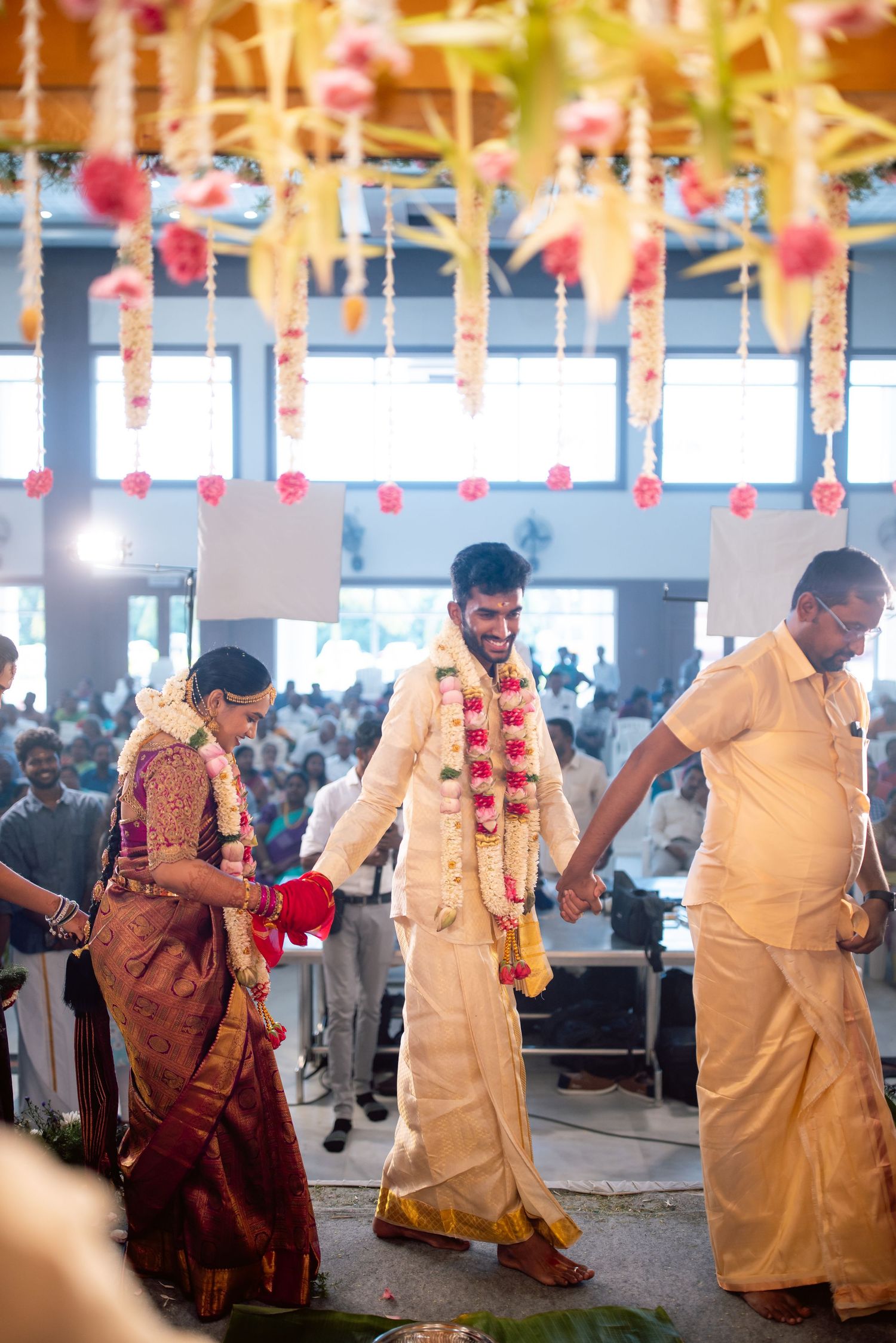 Traditional Agni Pradakshinam ritual at a South Indian wedding. Expert event coverage by Jeno Photography, trichy