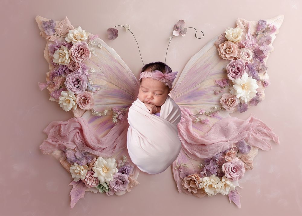 A collection of six pastel pink and purple newborn photos featuring delicate floral arrangements and butterfly wings.