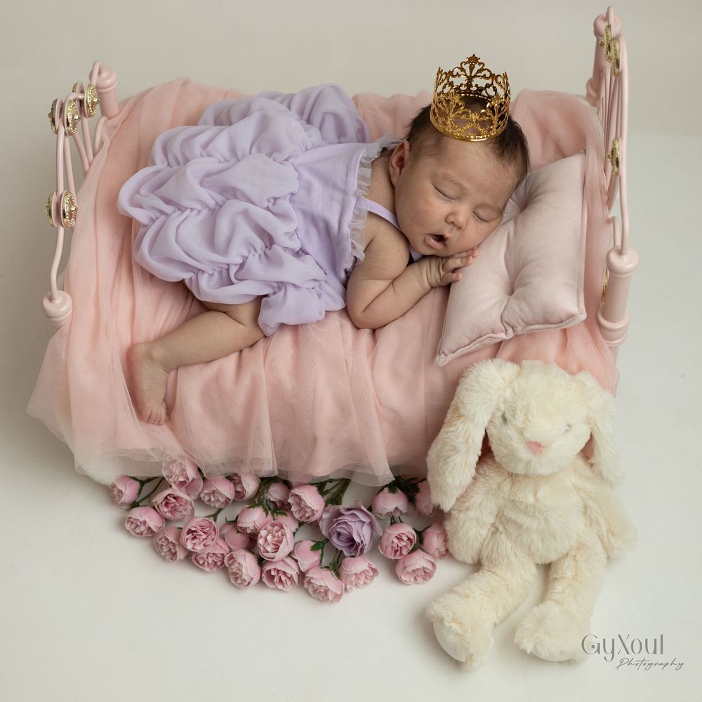 A collection of dreamy newborn portraits on pale pink fabric with vintage-style crown and tulle accessories.