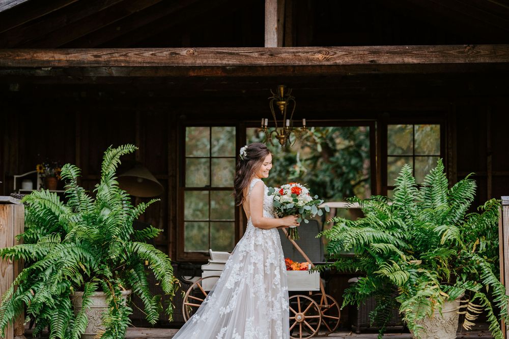 An elegant wedding dress is displayed in a rustic setting with lush ferns and large windows.