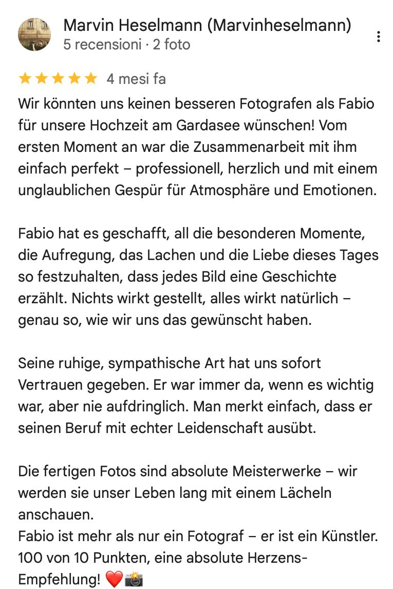 Rezension von Marvin Heselmann: Bester Fotograf für unsere Hochzeit am Gardasee. Professionell, herzlich und mit Gespür für Emotionen