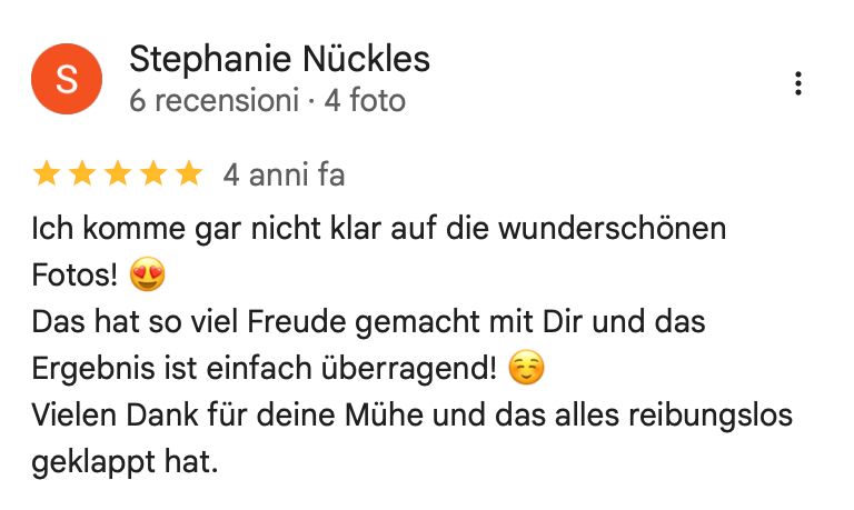 Empfehlung von Stephanie Nückles: Fabio macht wunderschöne Fotos! Super Ergebnis, reibungsloser Ablauf. Vielen Dank für deine Mühe