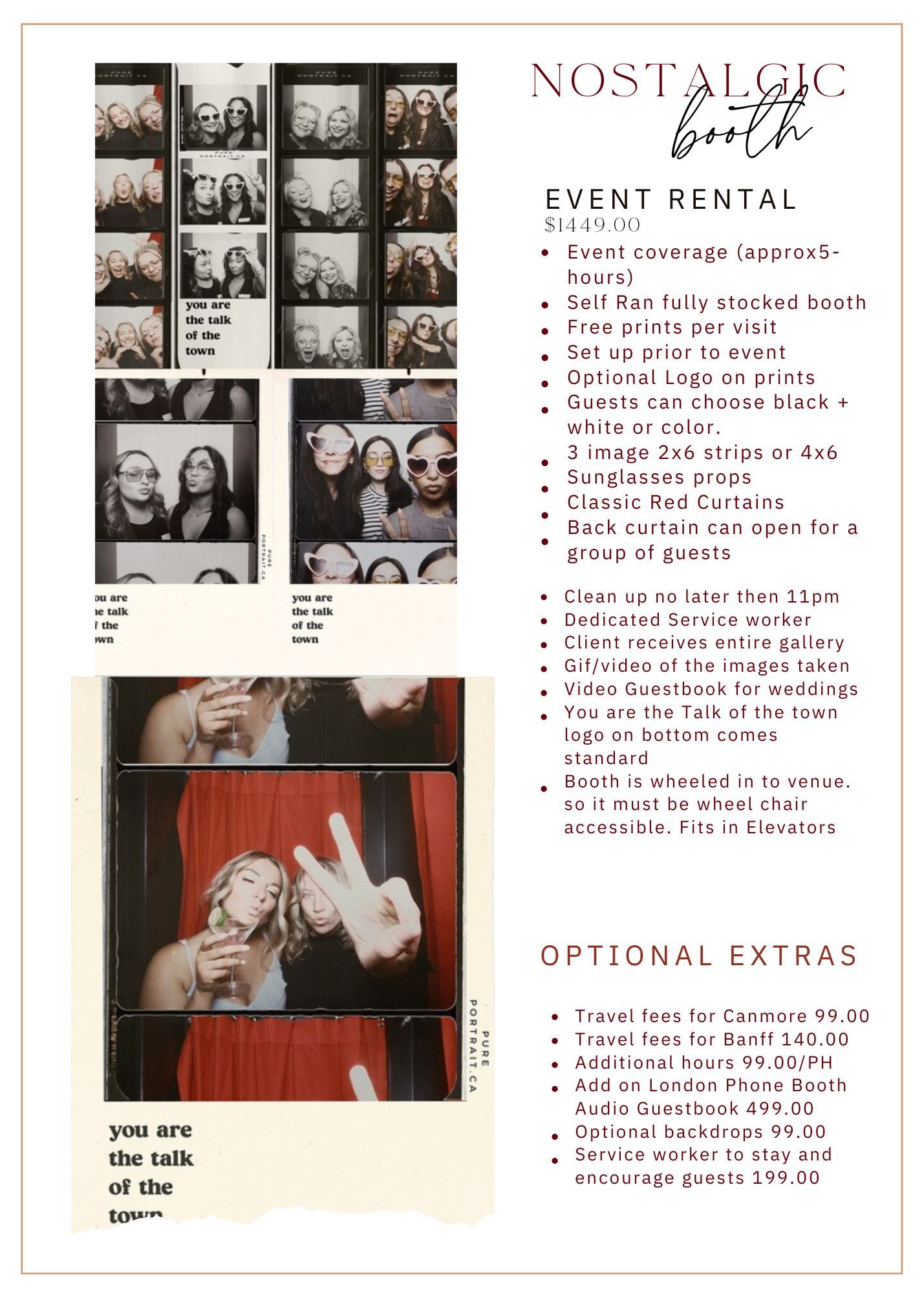 Photo booth rental pricing and package details displayed on a modern marketing template with black and white images.