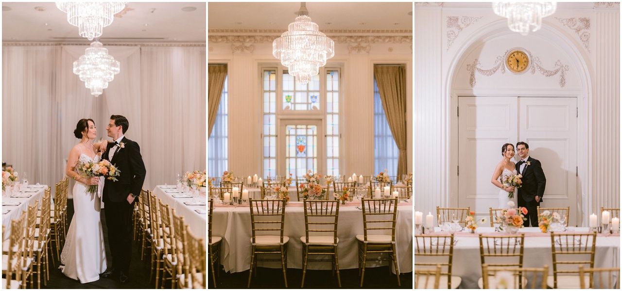 Elegant wedding celebration in a grand ballroom with crystal chandeliers and gold chiavari chairs.