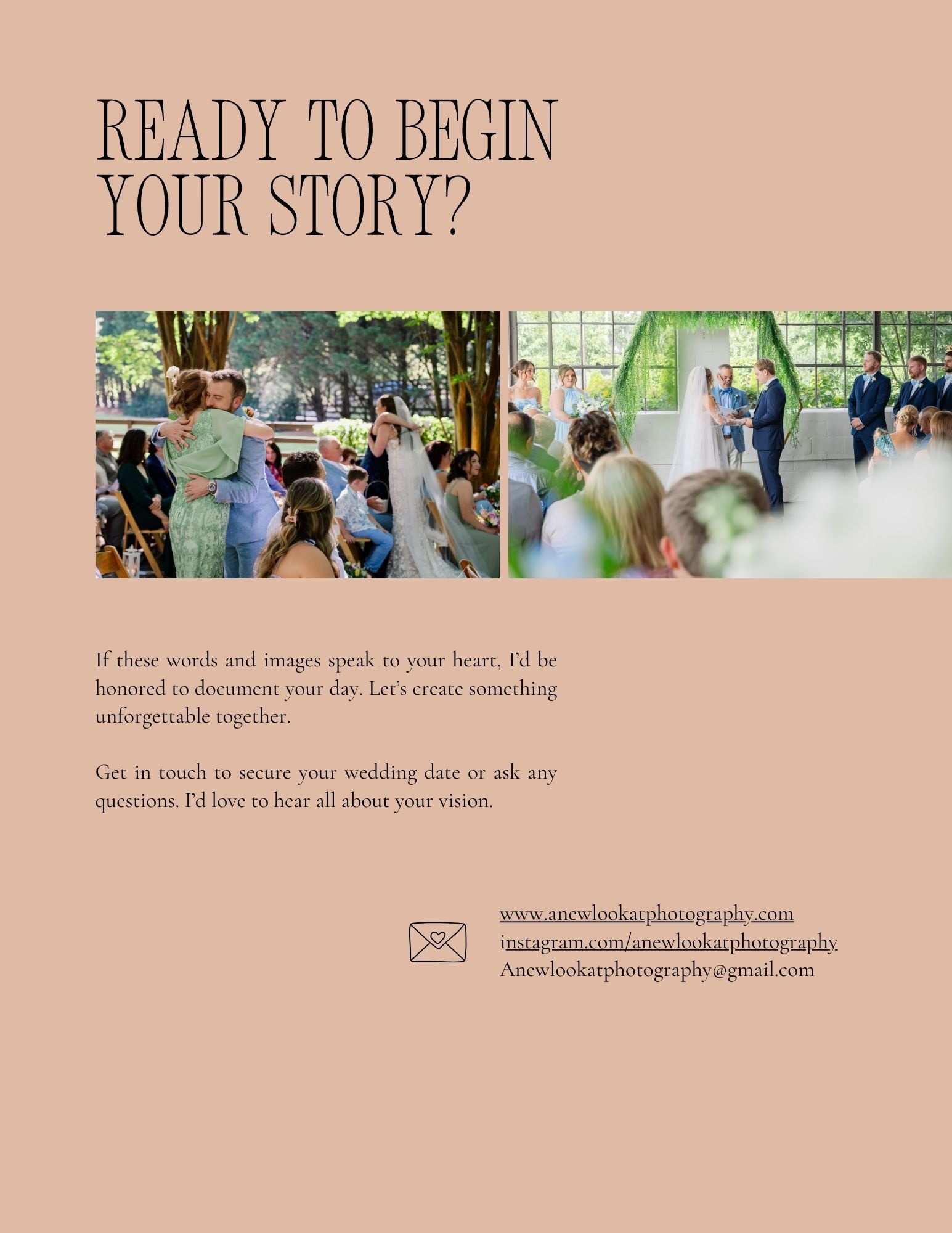 A series of wedding photography website pages showing text overlays and sample images in a soft peach color scheme.
