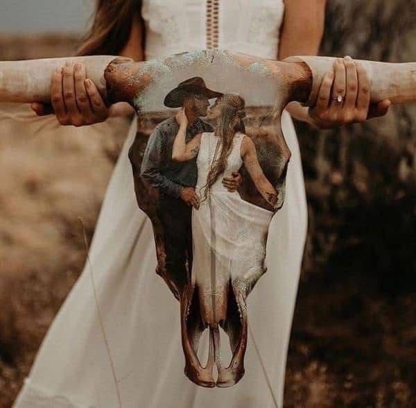 A series of wedding photos showing hands holding a small brown dachshund dog in formal attire against a rustic backdrop.