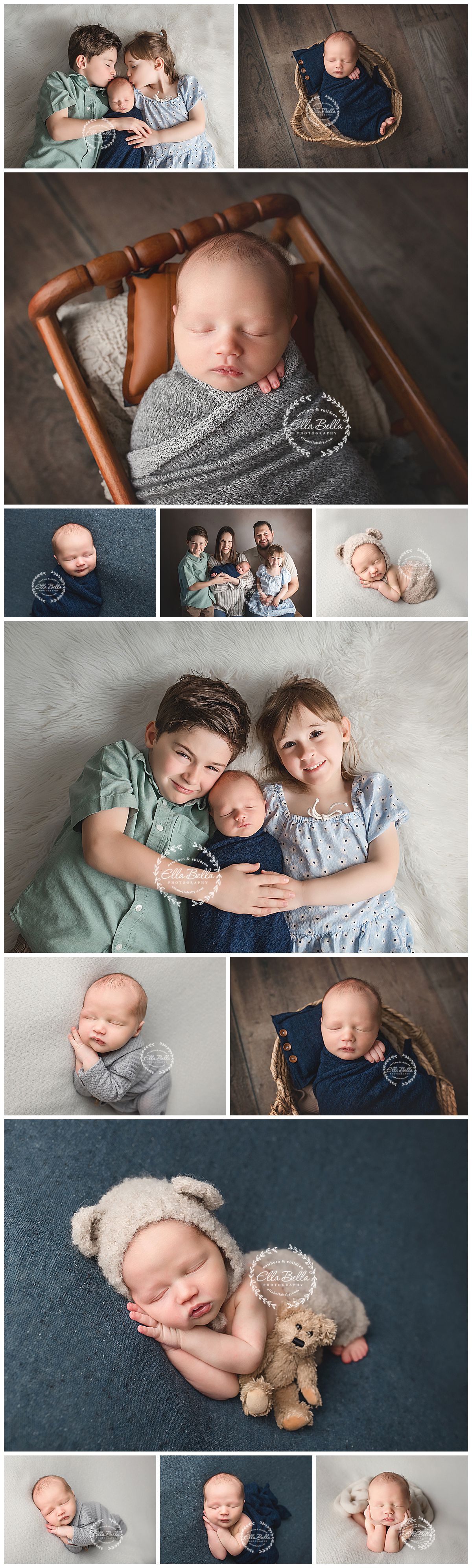 A collection of professional newborn and family photography portraits featuring siblings and tender moments on soft textures and backdrops.