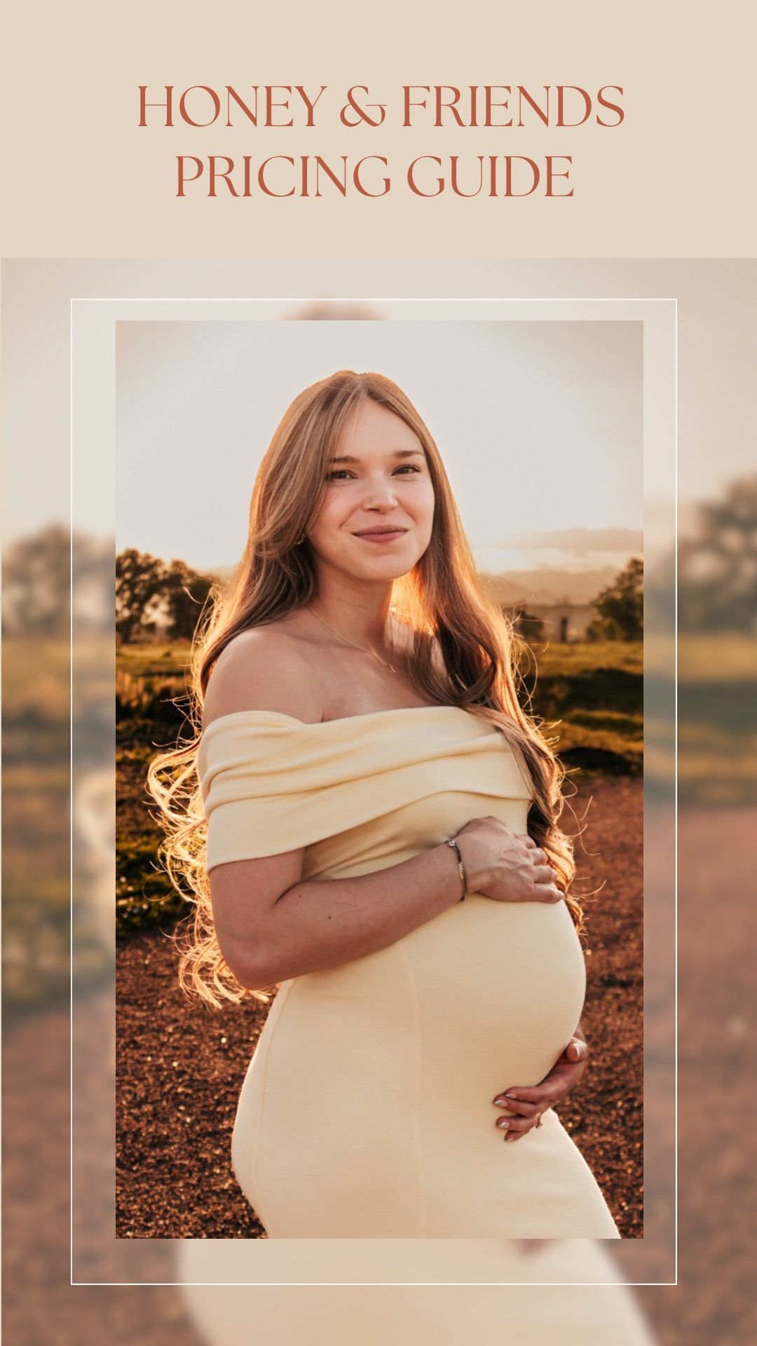 Maternity photography pricing guide banner with ethereal sunset images of an expectant mother in a cream dress.