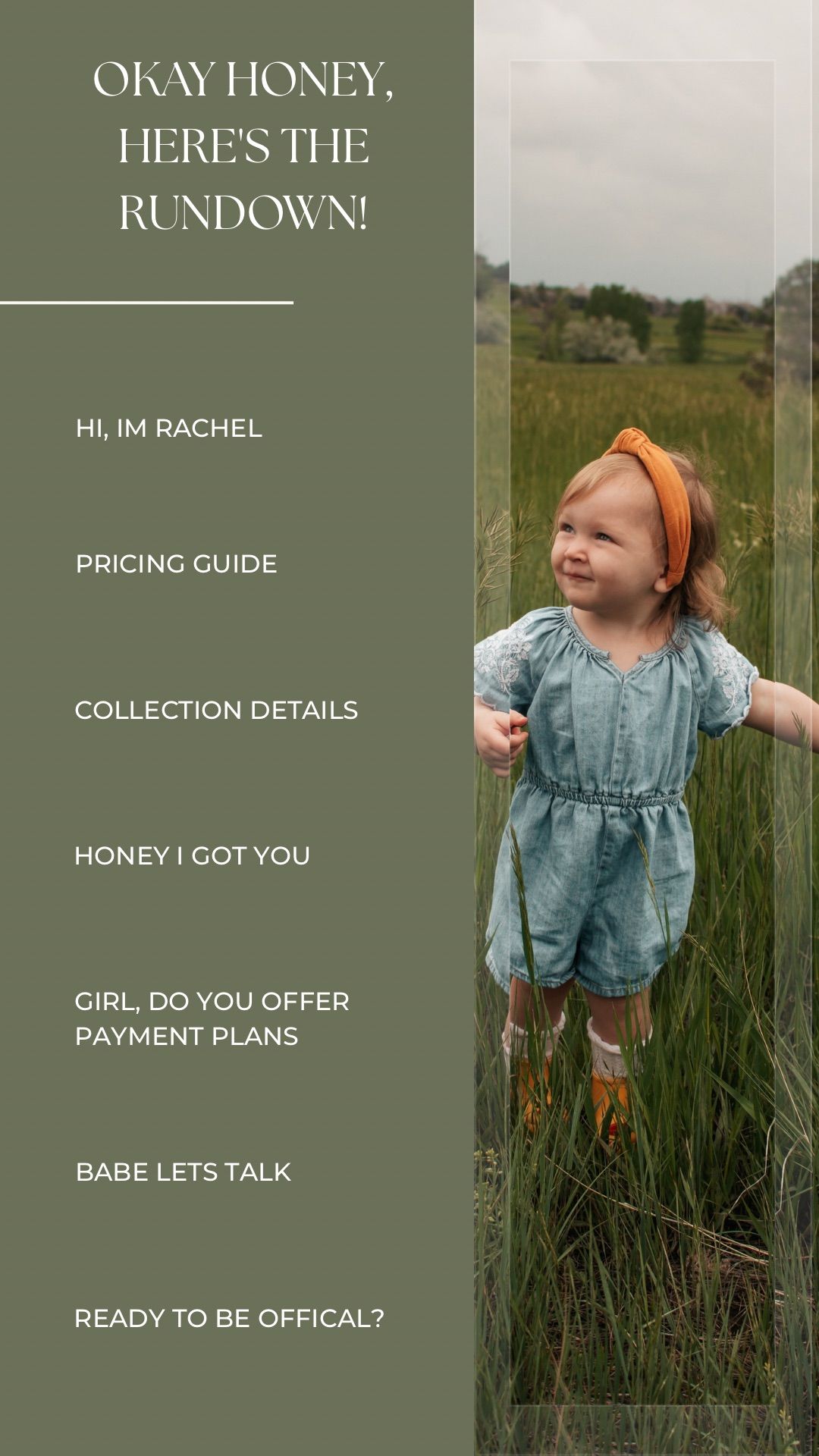 Collage of text overlays and photos showing a child in denim romper playing in a green meadow field.