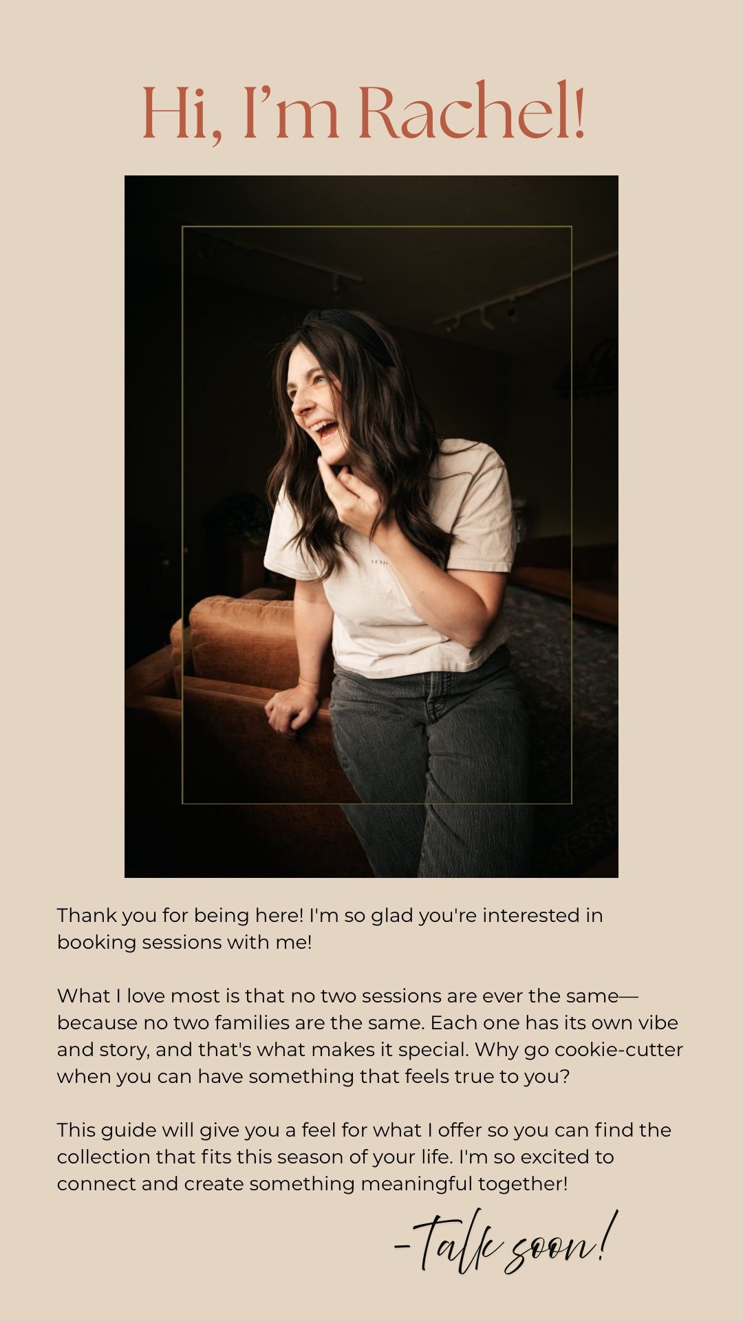 A series of warm-toned photography website layouts featuring text overlays and dark moody images in a modern design style.