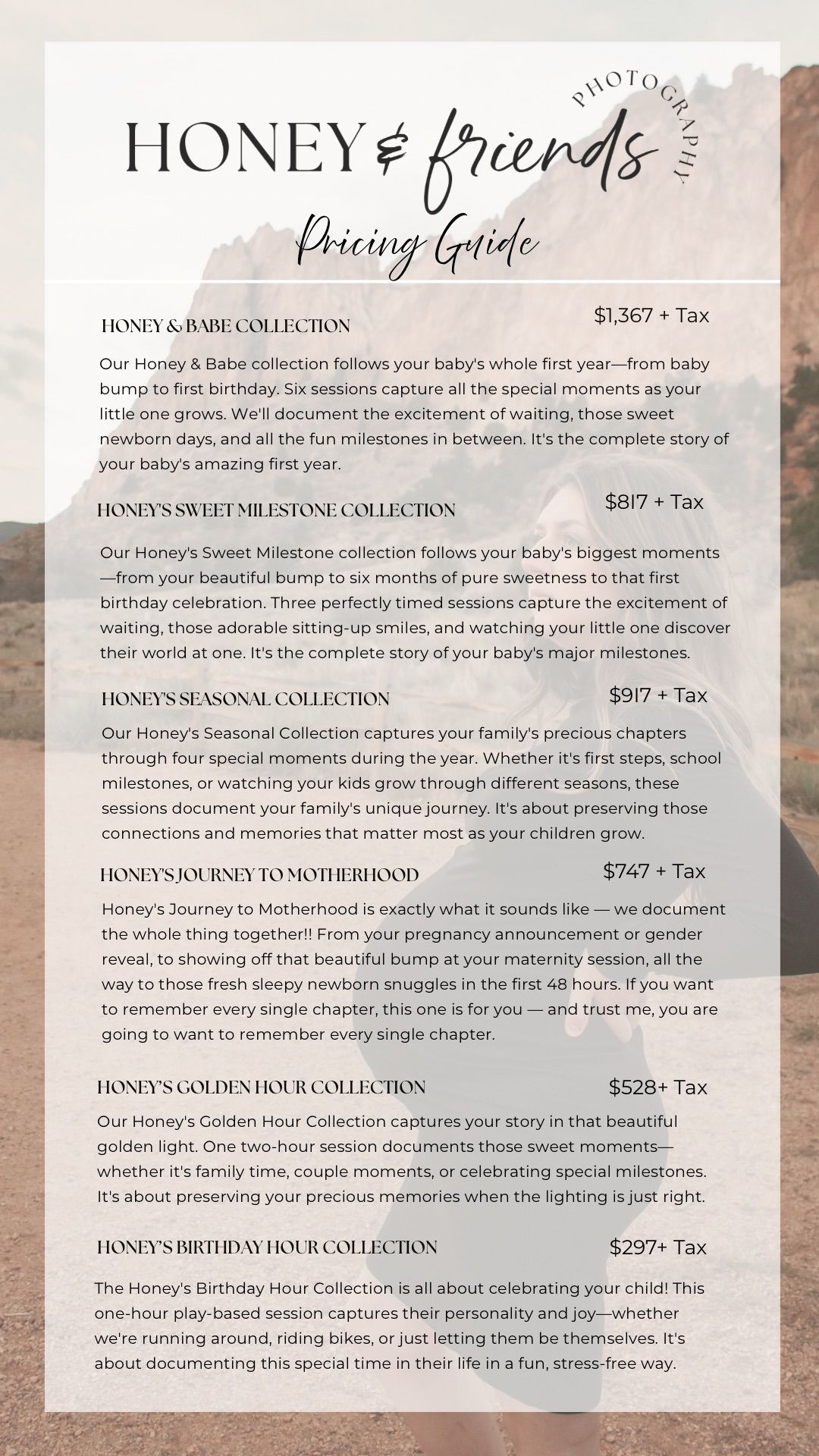 Photography pricing guide page showing various photo session collection options and prices.