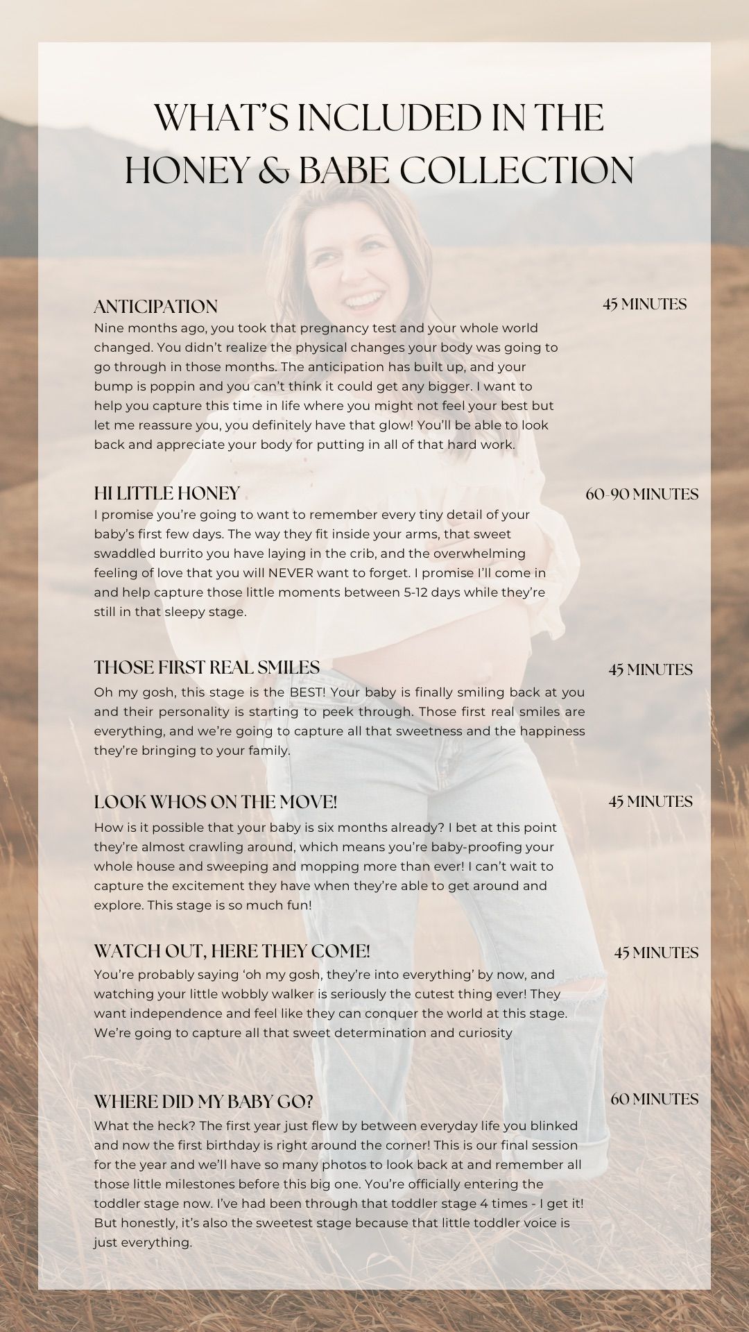 Photography pricing menu showing different session packages and collections with text on a light background.