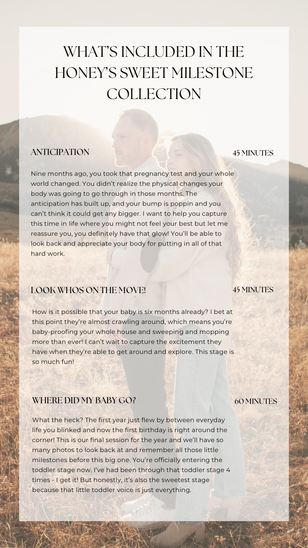 Marketing page showing text sections about photography session milestones and collection details.