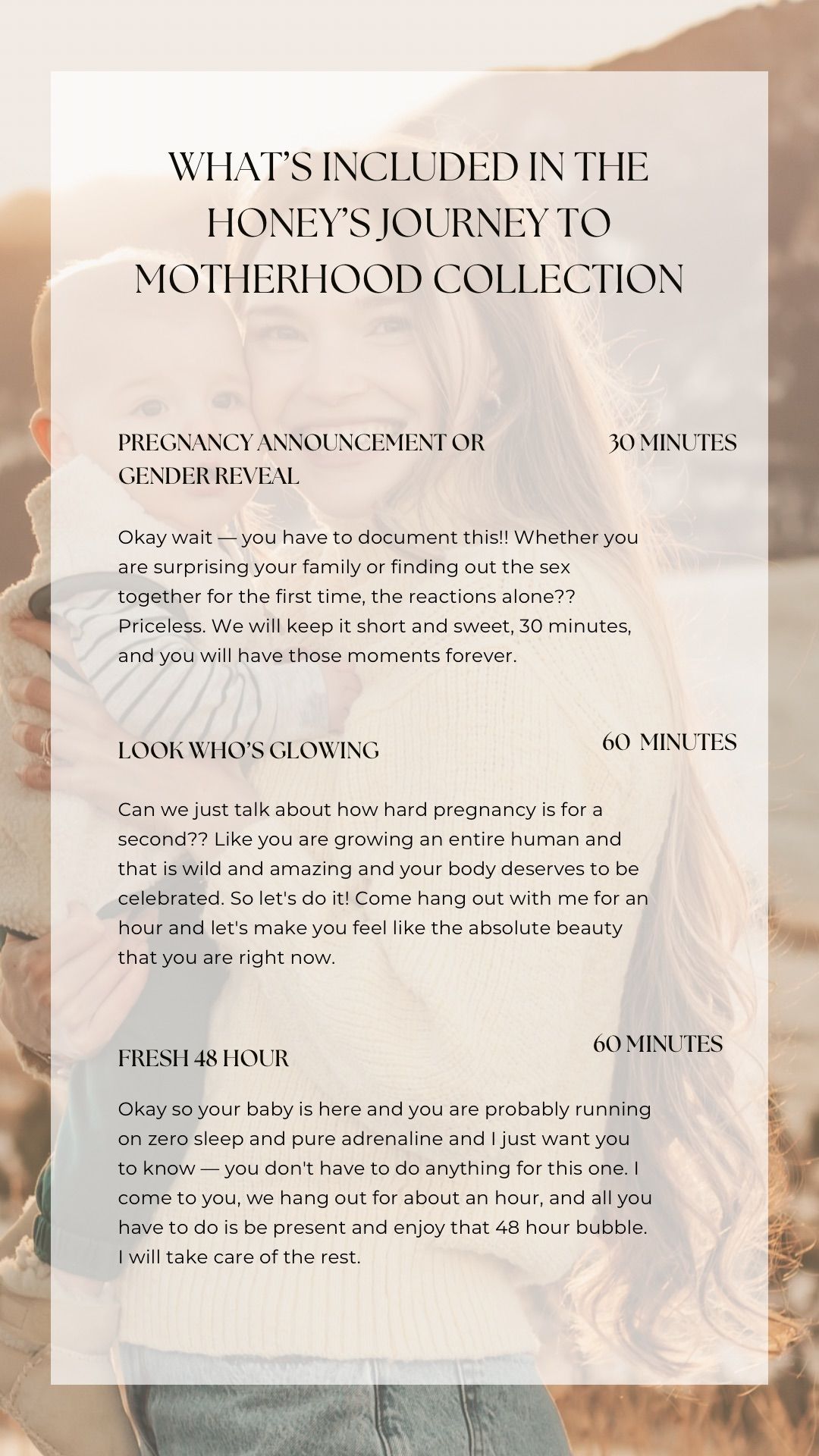 Photography service menu displaying motherhood collection details and session lengths.