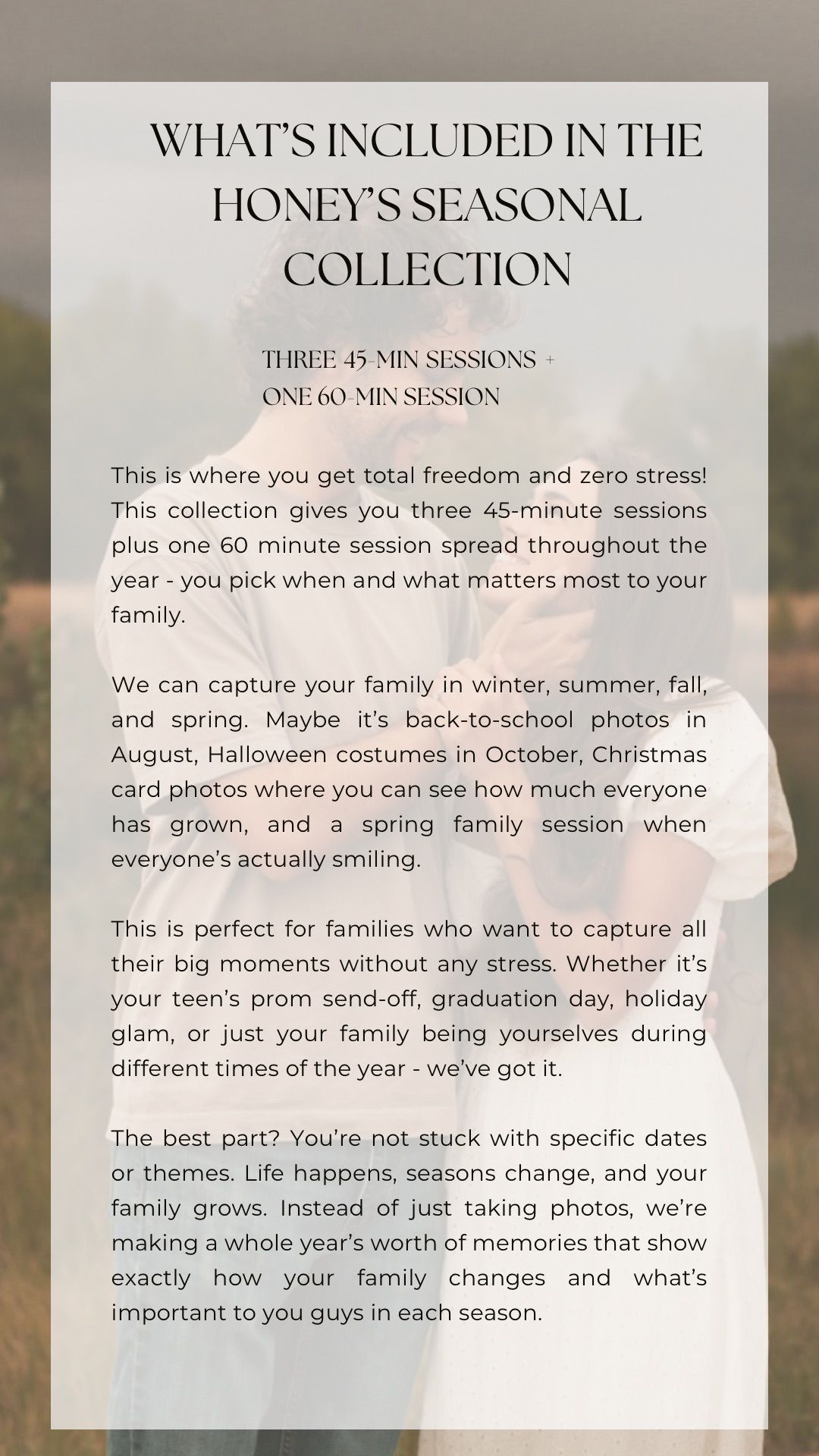Marketing page detailing seasonal photography session packages and included features.