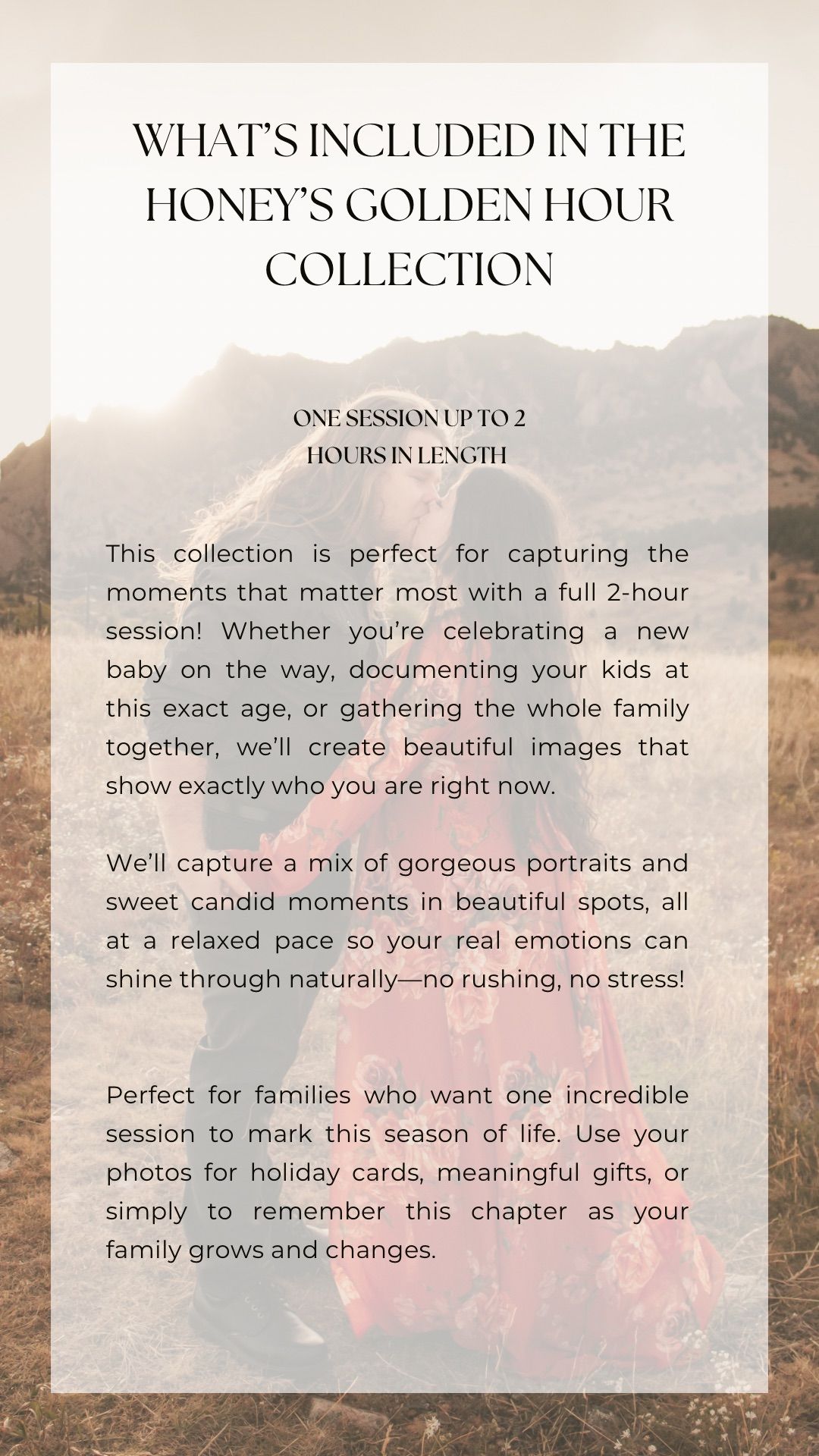 Photography service page describing golden hour photo session collection details.