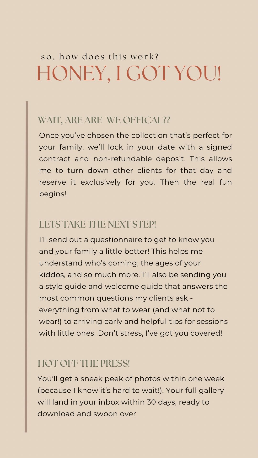 Beige photography business guide graphic with bold red headline and sections on booking process, next steps, and photo delivery timeline.