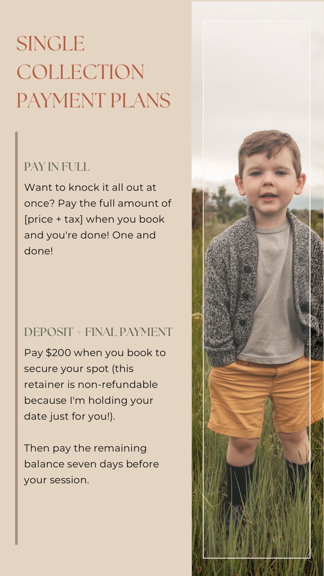 Photography pricing guide showing payment plans and session details with beige and white design elements.