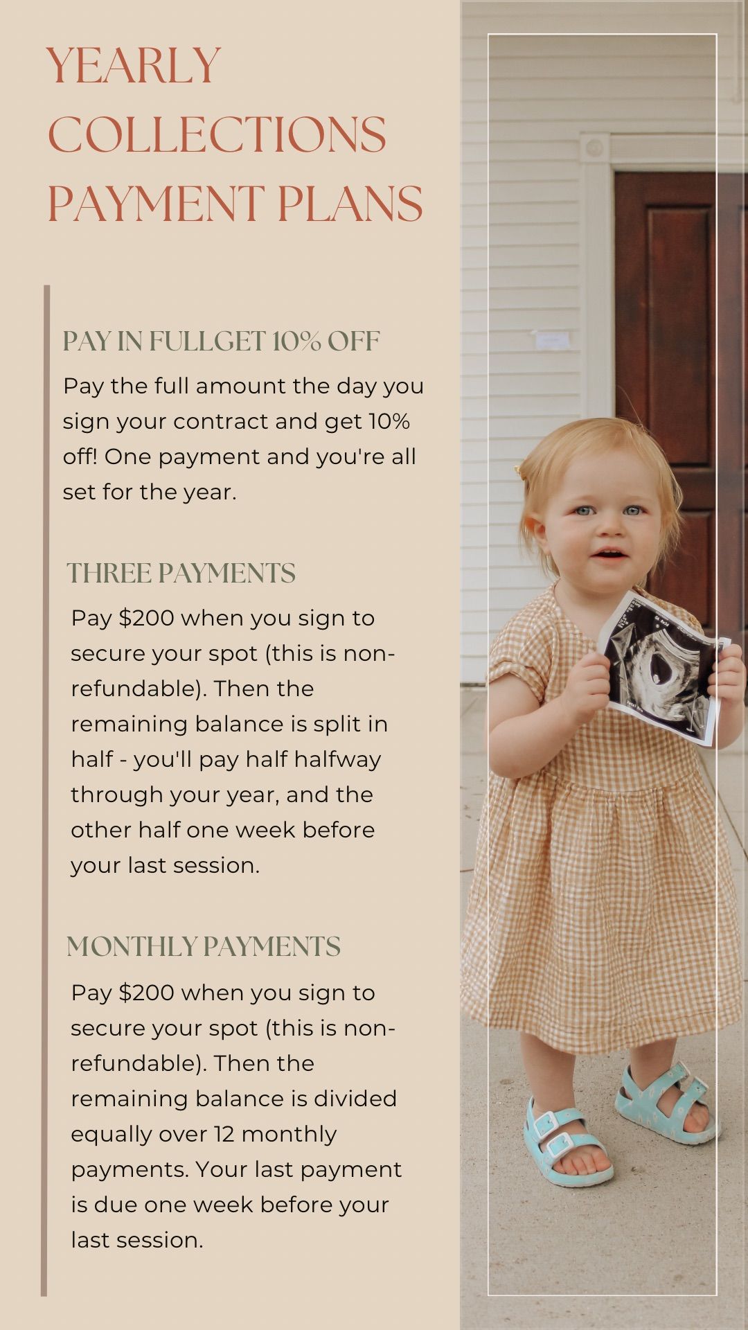 Yearly collections payment plans infographic featuring a toddler in a gingham dress, detailing full pay, three, and monthly options.