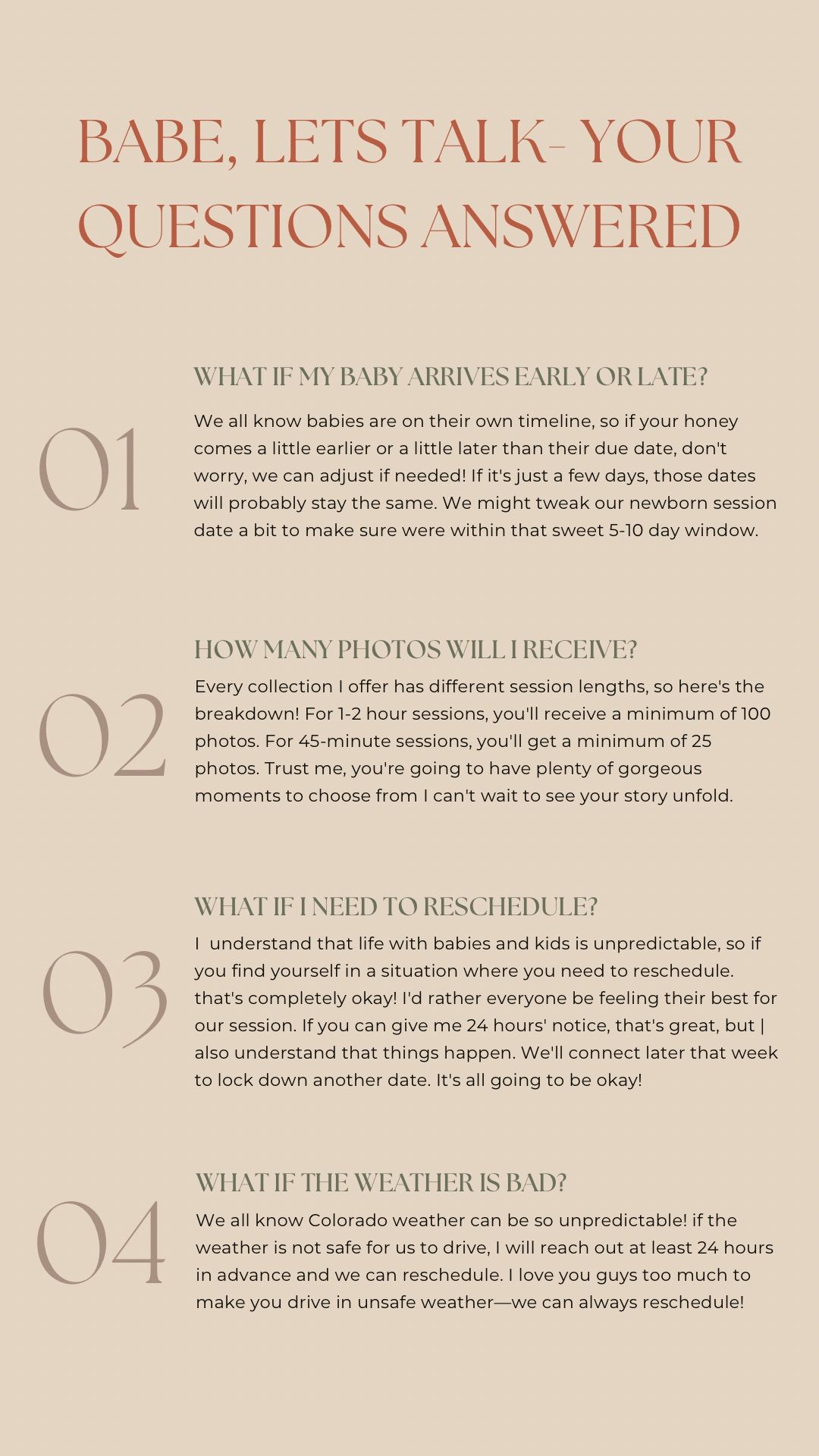 FAQ guide for newborn photography sessions covering scheduling, photo counts, rescheduling policies, and weather contingencies.