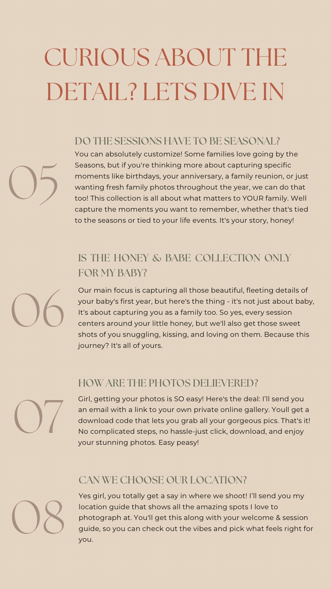 Photography service details page with numbered questions about sessions and delivery information.