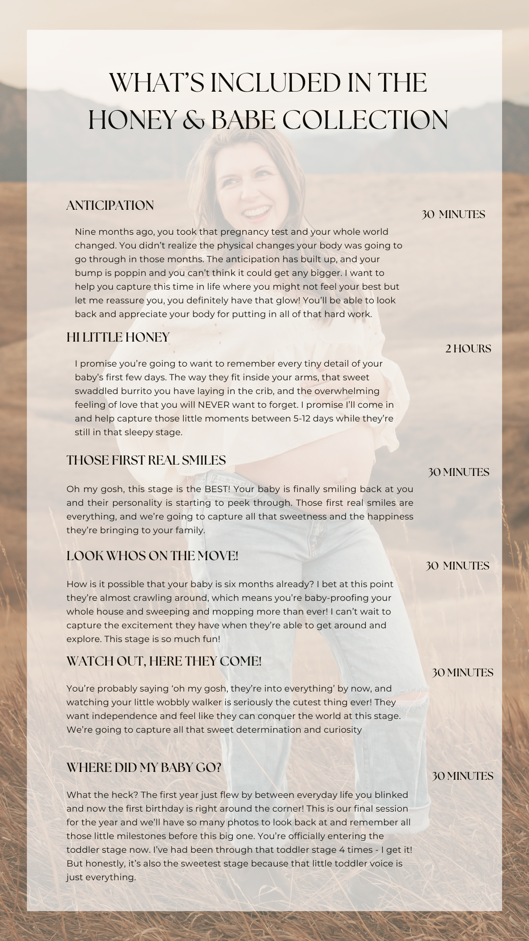 Honey and Babe photography collection guide detailing newborn and baby milestone session stages with descriptions and durations.