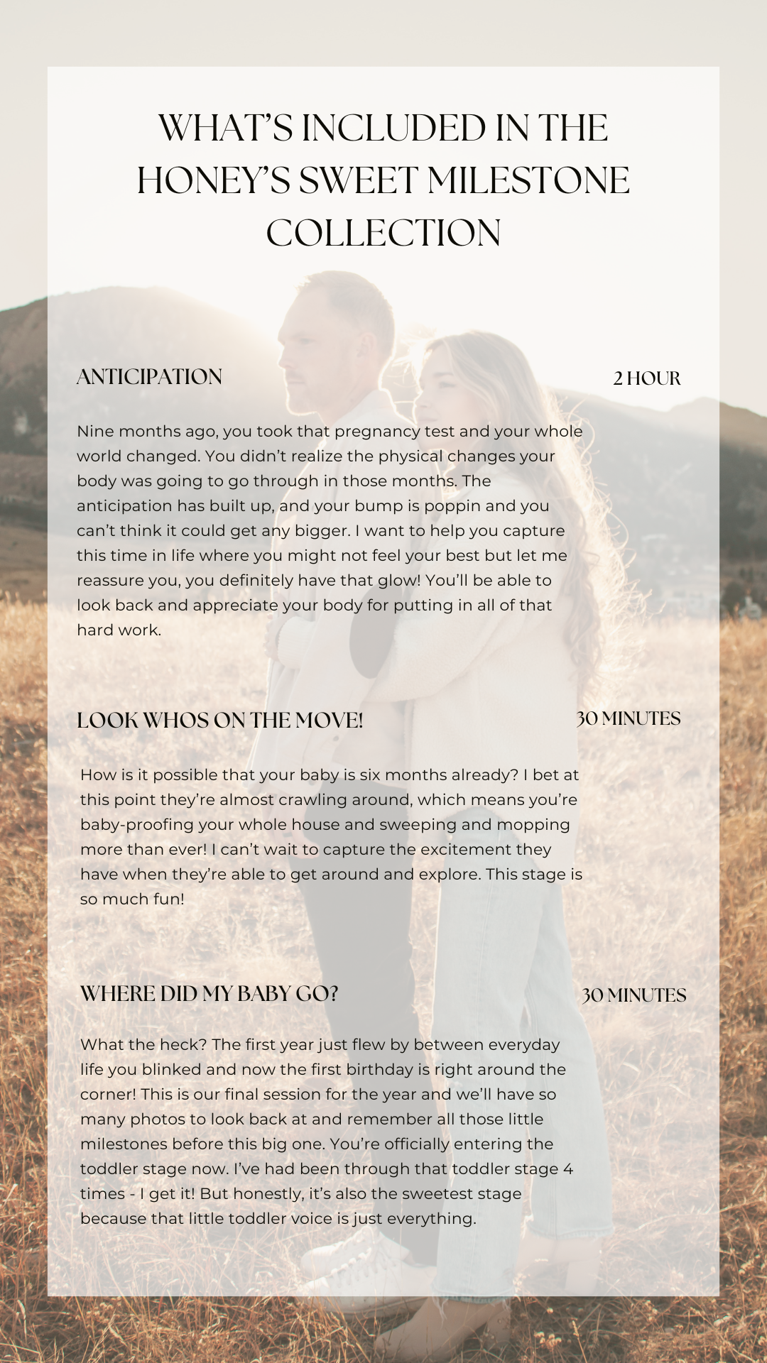 Pregnant woman in a field featured in a photography milestone collection guide for maternity and baby sessions.