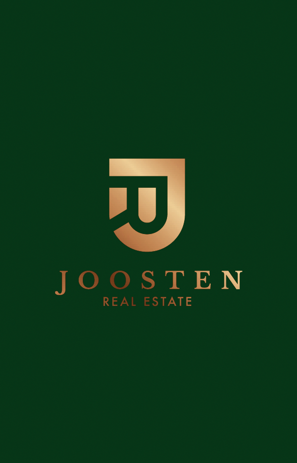 Minimalist gold J monogram logo for Joosten Real Estate on deep green background.