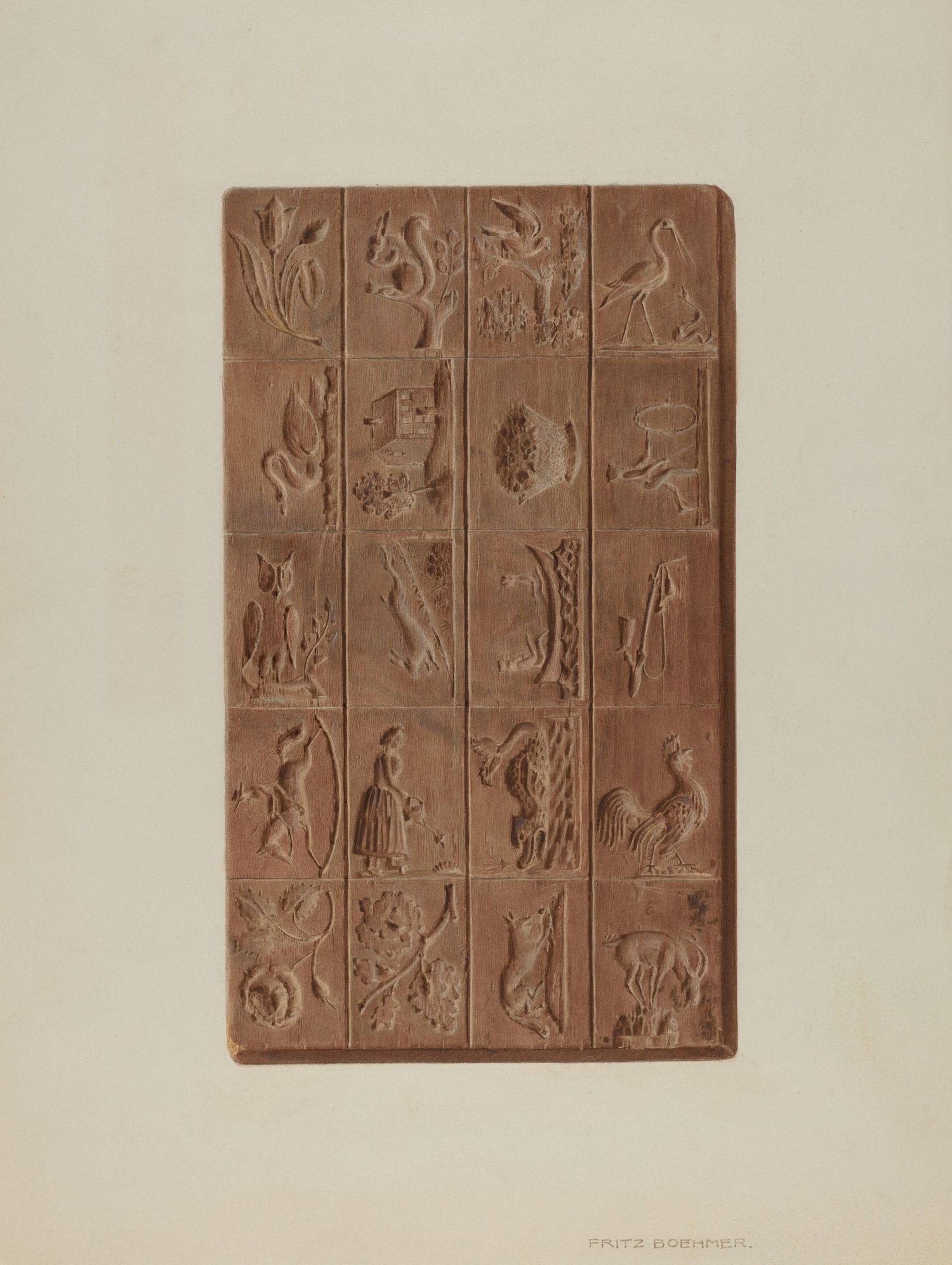 A series of five antique terracotta relief panels featuring heraldic designs with lions and decorative motifs.