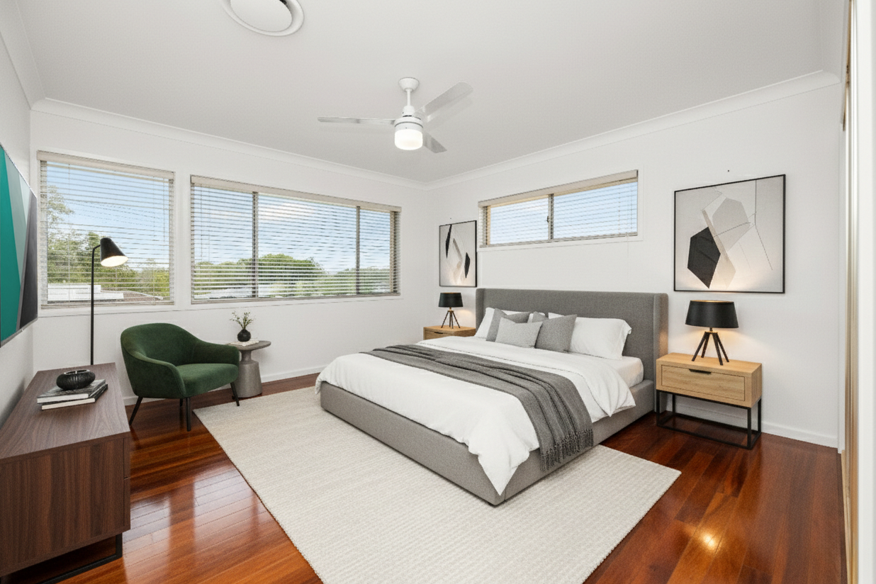 Modern master bedroom with hardwood floors, king bed, ceiling fan, and multiple bright windows.
