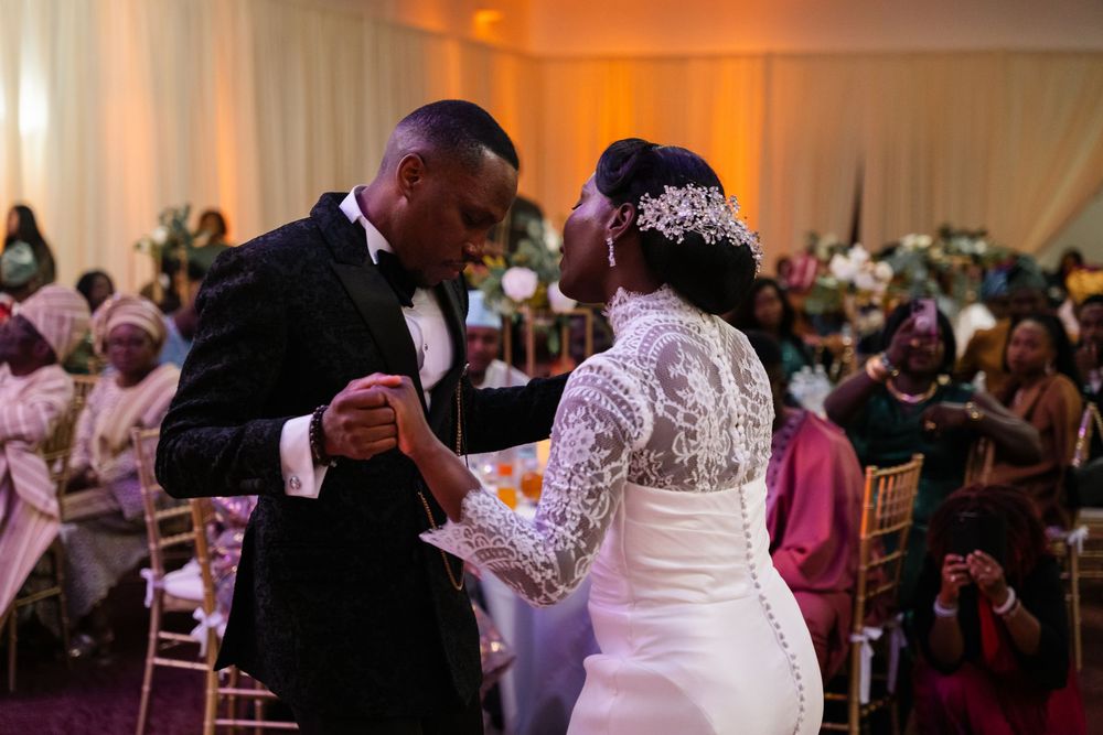 A wedding celebration montage showing dancing, embraces and joyful moments during an elegant indoor reception.