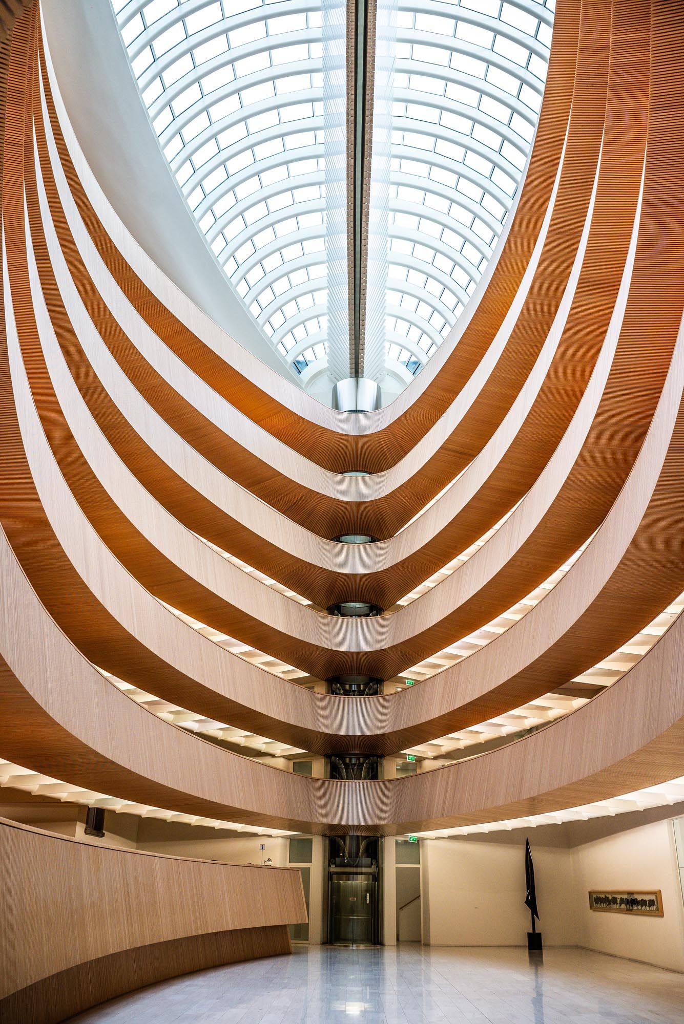Modern architectural interior with curved wooden walls and skylight creating dramatic concentric oval patterns in a gallery space.