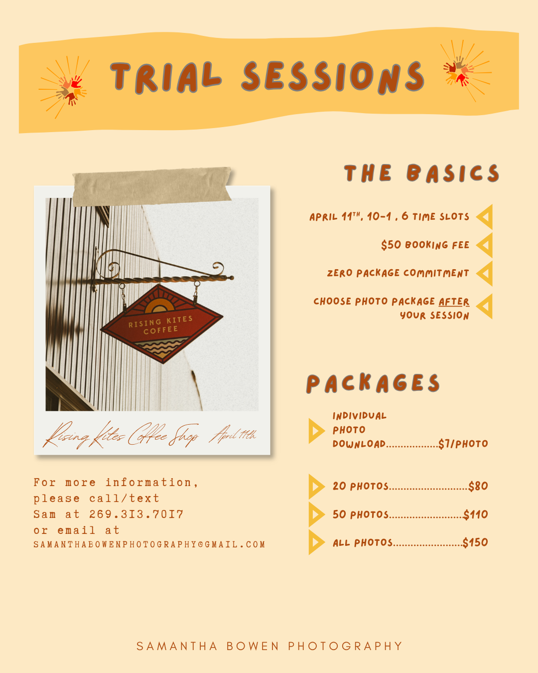 Photography trial sessions pricing menu with vintage signage design showing basic packages and rates in warm peach tones.