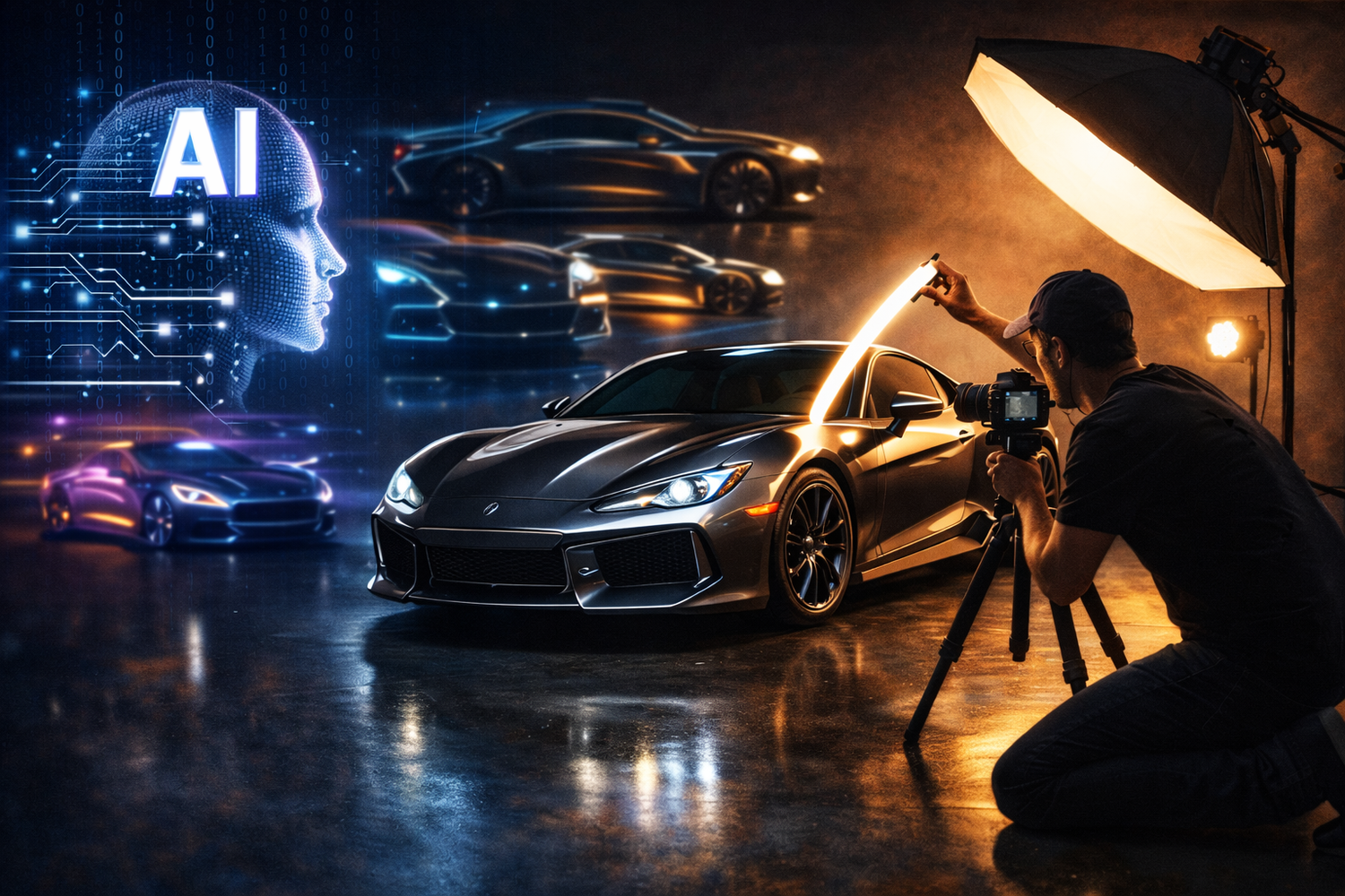 A photographer sets up lighting for luxury sports cars in a dark studio with glowing AI neon sign in background.