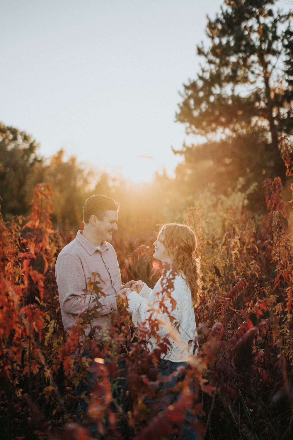 Couple embracing in a field of red autumn foliage during golden hour sunset.