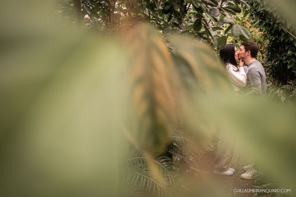 Romantic moment captured through leaves in a botanical garden setting.