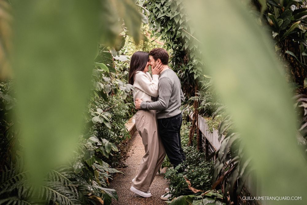 Couple embraces in a lush greenhouse setting with natural light filtering through tropical foliage.