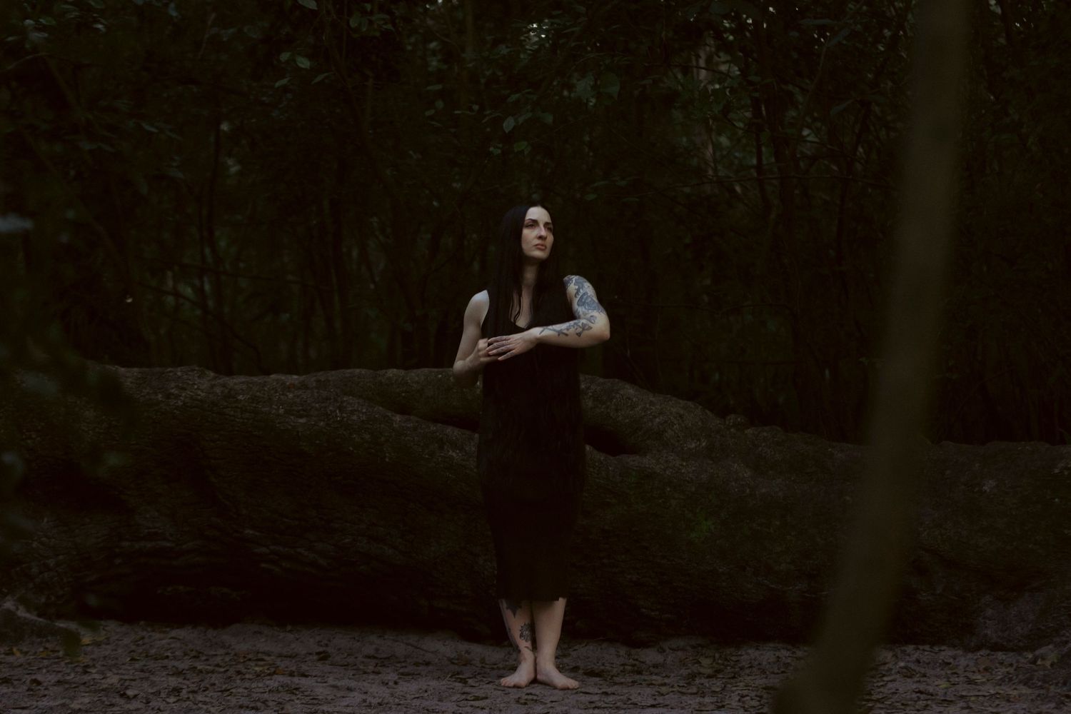 A figure in a dark dress stands barefoot on a fallen tree trunk in a moody forest setting.