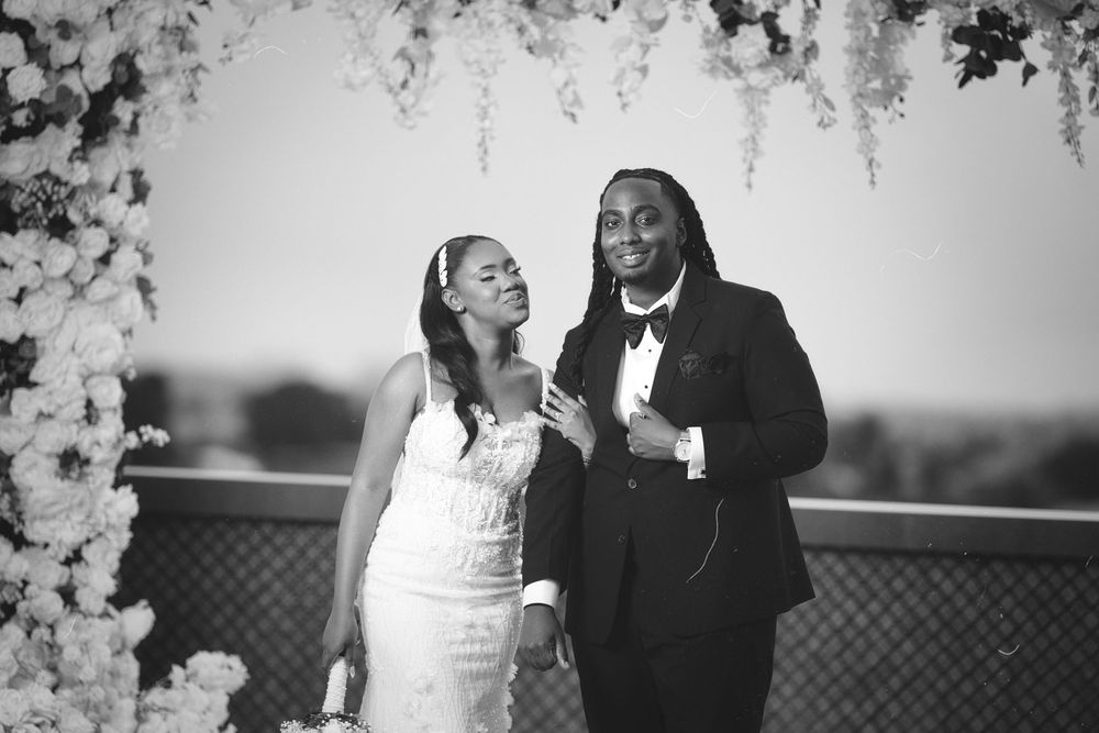 A romantic black and white wedding photo montage showing tender moments between the bride and groom.