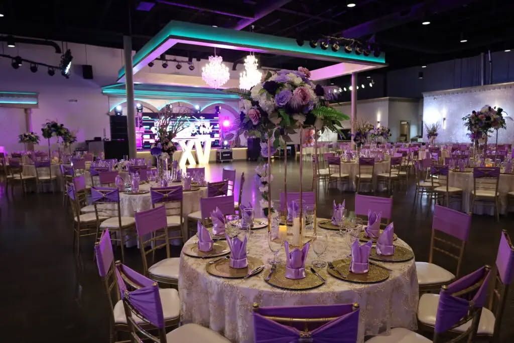 Fort Worth quinceañera venue captured during real event, showing elegant décor flow and spacious guest seating arrangement