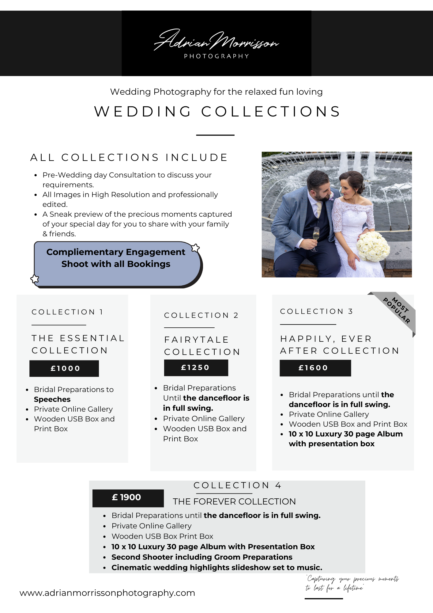 Wedding photography pricing guide showing collection packages and pricing tiers with service details.