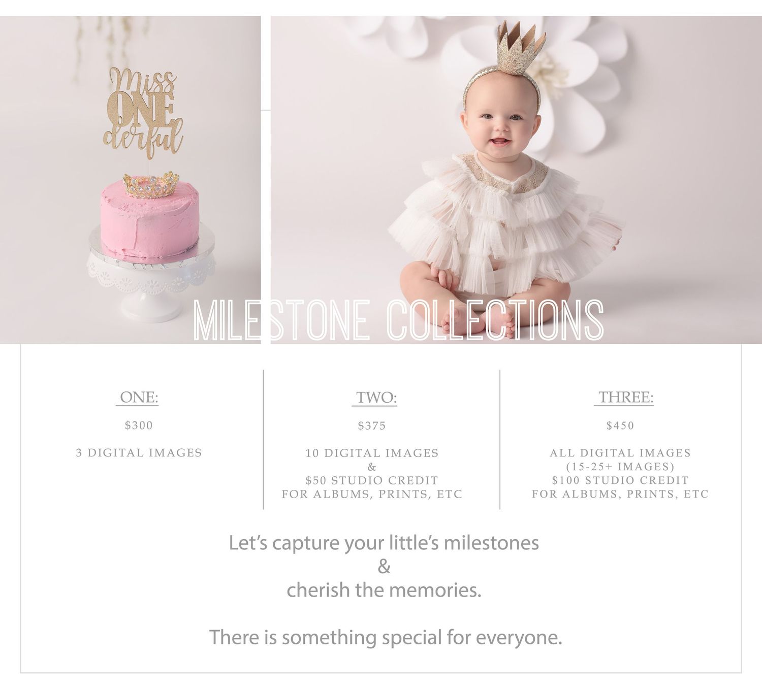 A pink and white collage of baby milestone photography marketing materials with soft pastel tones and floral elements.