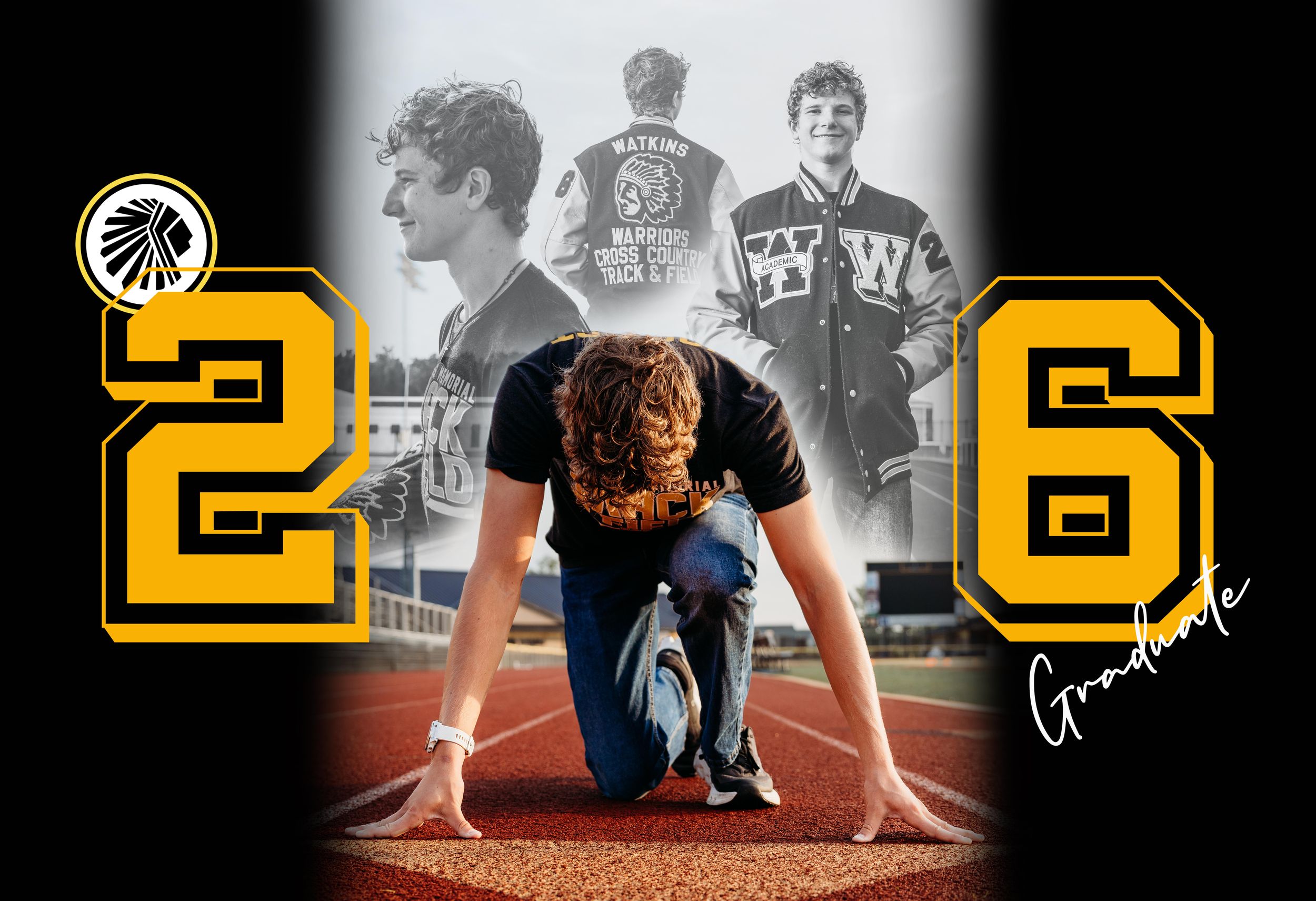 High school athlete in starting position on track with jersey number 26 and black and gold team colors in background.