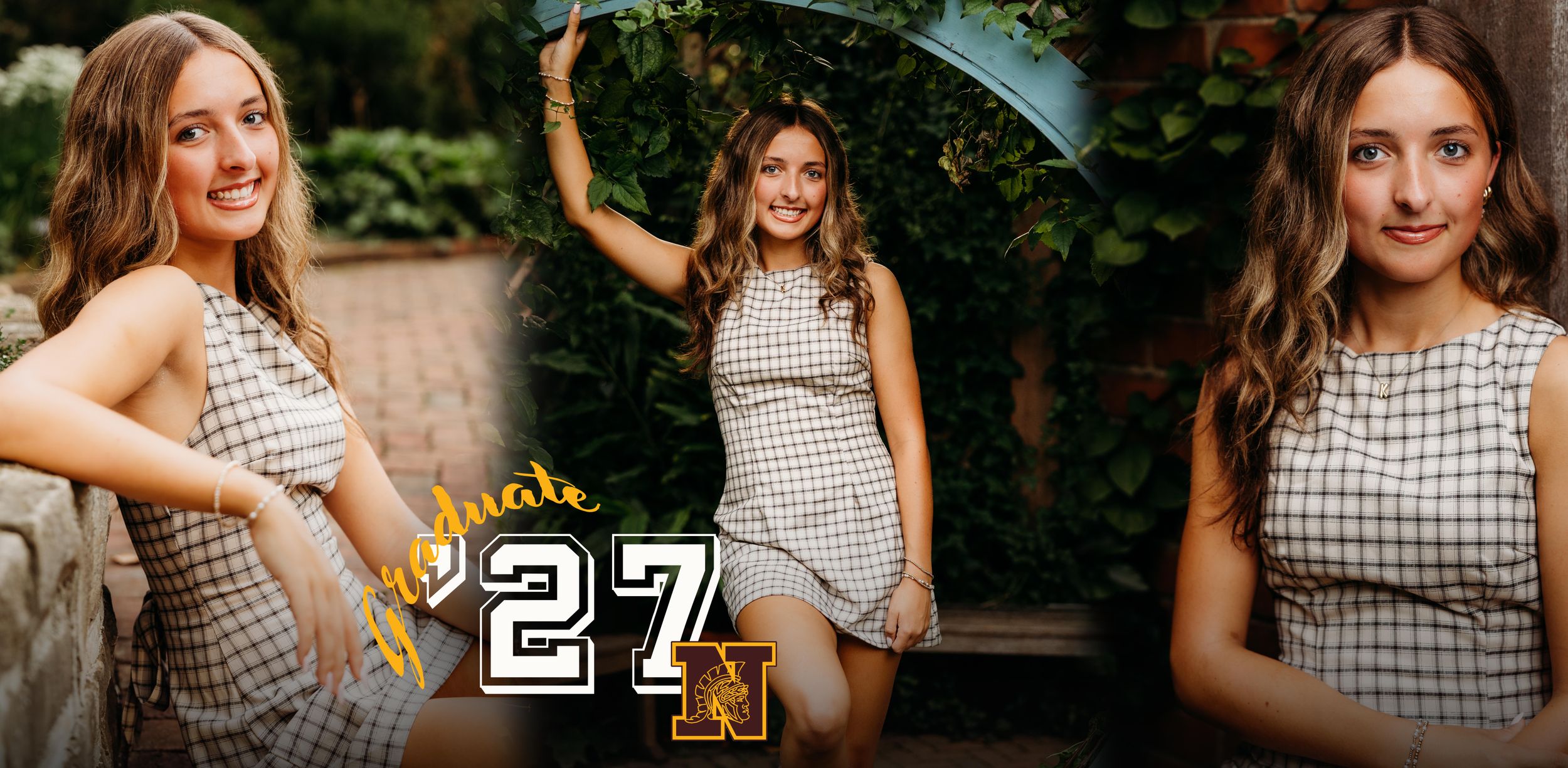 A young woman in a plaid dress poses in three photos with a graduation overlay reading Class of 27.