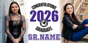 Class of 2026 graduation banner featuring two photos of a young woman in black outfit, with purple and white congratulations design.