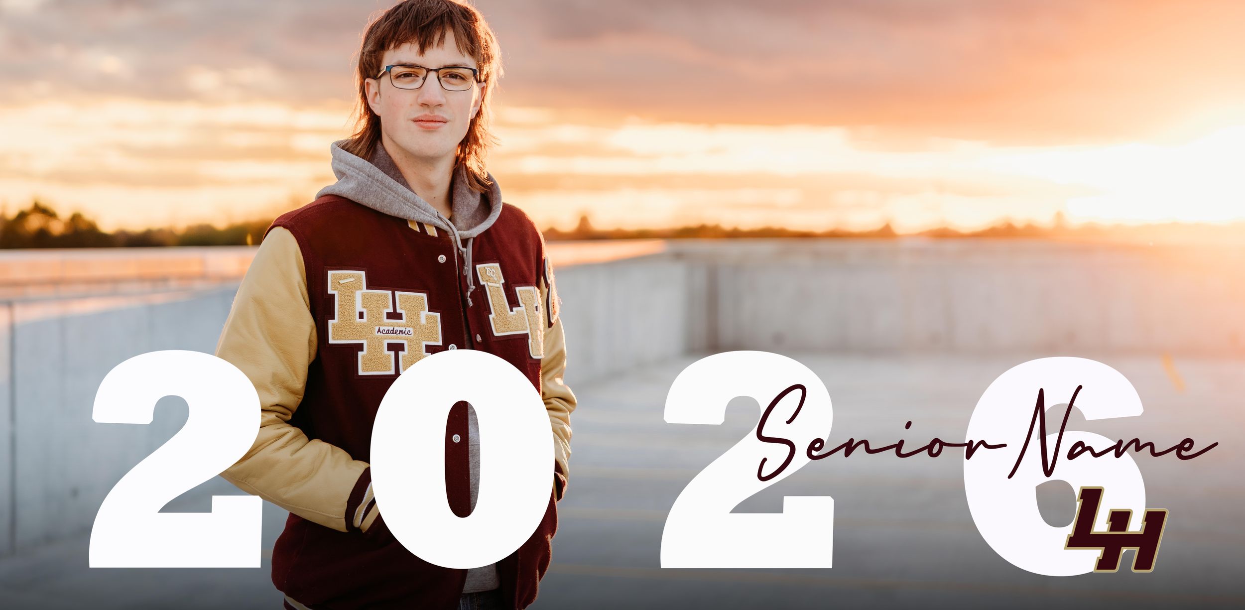 High school senior in letterman jacket poses outdoors at sunset with class of 2026 overlay text.