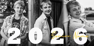Black and white senior photo collage of a young man in three poses with '2026 Senior Name' text overlay.