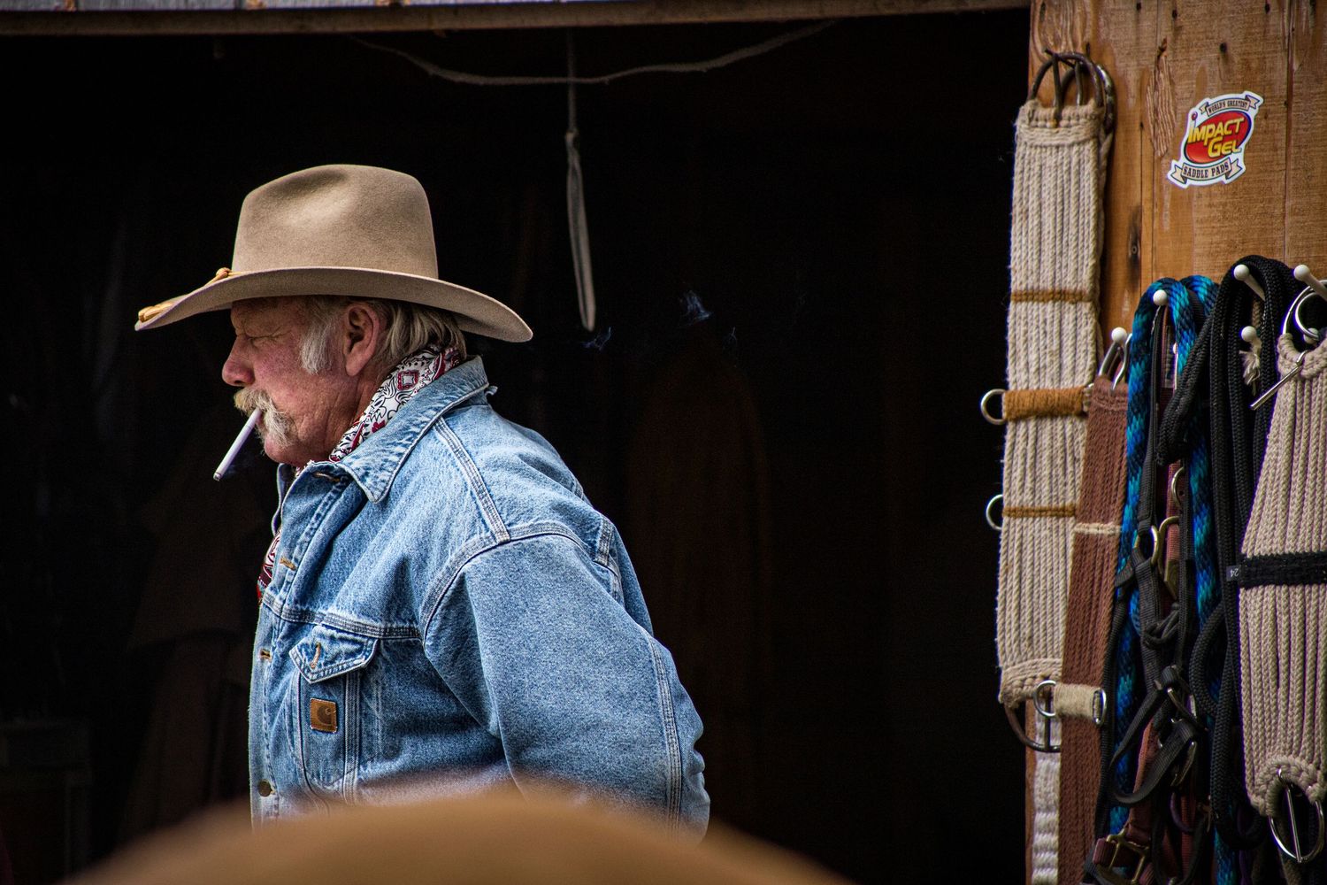 A cowboy wearing a denim jacket and tan hat stands in profile against a dark barn entrance.