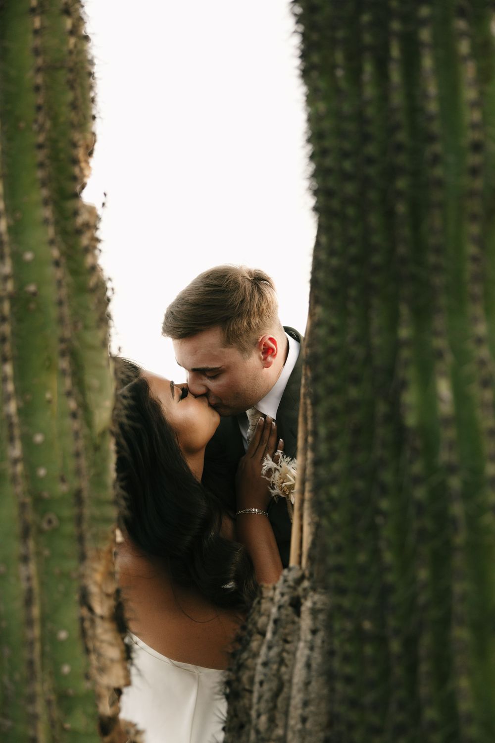 Intimate wedding portrait framed by tall saguaro cactus in the Arizona desert.